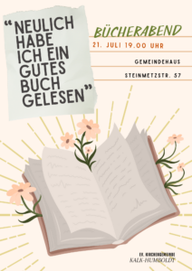 Mehr über den Artikel erfahren Bücherabend am 21. Juli um 19.00 Uhr im Gemeindehaus, Steinmetzstr. – 57