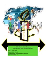 Mehr über den Artikel erfahren 24. August 10.30 Uhr Gustav-Adolf-Haus Gottesdienst mit Amnesty International Gruppe rechtsrheinisch