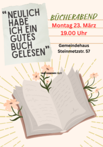 Mehr über den Artikel erfahren Bücherabend am 23. März 19 Uhr in der Steinmetzstr. 57