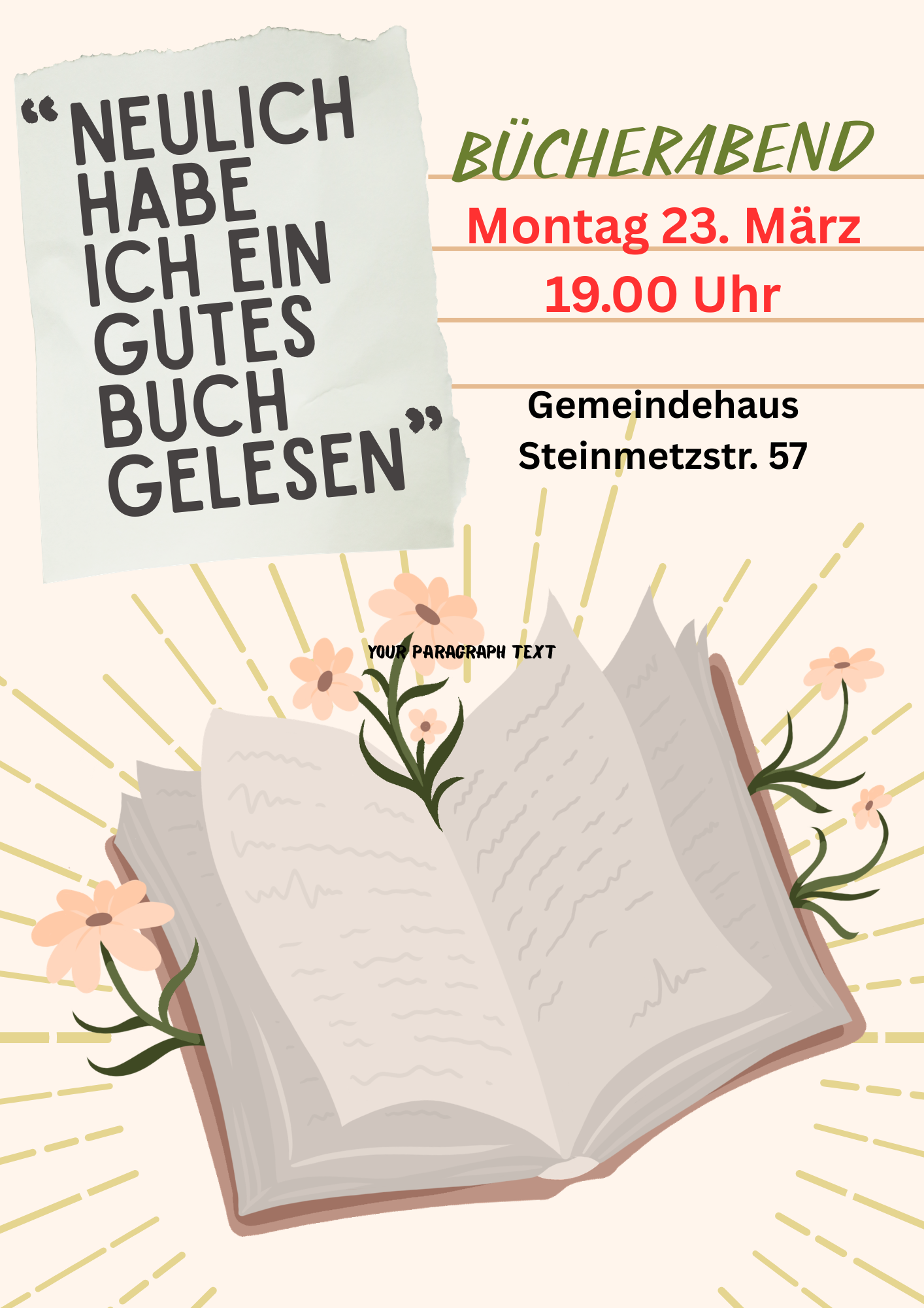 Mehr über den Artikel erfahren Bücherabend am 23. März 19 Uhr in der Steinmetzstr. 57