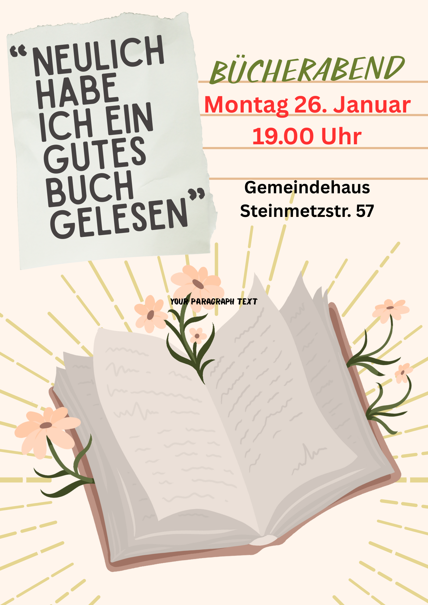 Mehr über den Artikel erfahren Bücherabend am 26. Januar um 19.00 Uhr im Gemeindehaus, Steinmetzstr. – 57