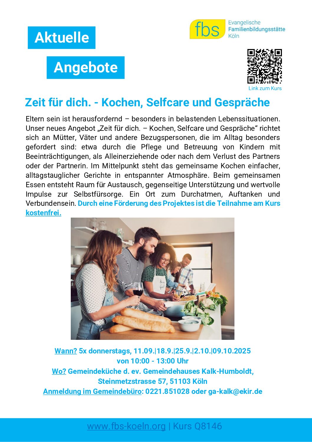 Mehr über den Artikel erfahren Zeit für dich. – Kochen, Selfcare und Gespräche. Donnerstags von 10.00 bis 13.00 Uhr Gemeindeküche, Gemeindehaus Steinmetzstr. 57