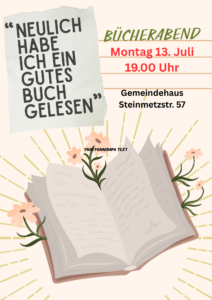 Mehr über den Artikel erfahren Bücherabend am 13. Juli 19 Uhr in der Steinmetzstr. 57
