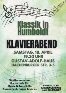 Mehr über den Artikel erfahren Klassik in Humboldt, Klavierabend am 18. April um 19.30 Uhr im Gustav-Adolf-Haus